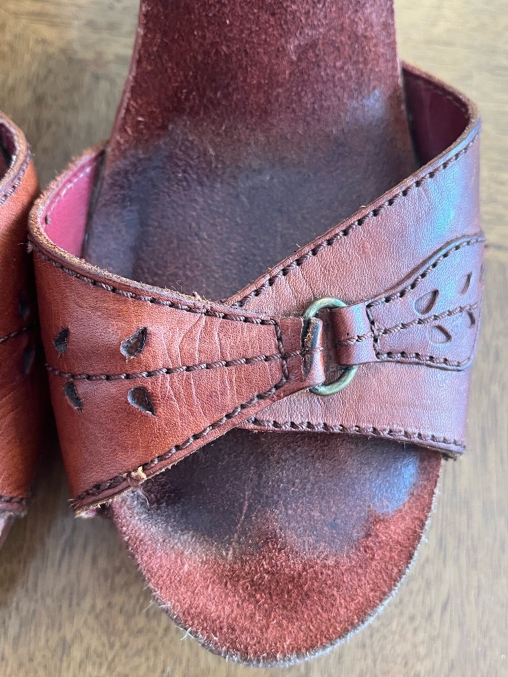 True Vintage 70’s Imperial Leather Brown Strappy Platform wood Sandals size 7 - Picture 5 of 9